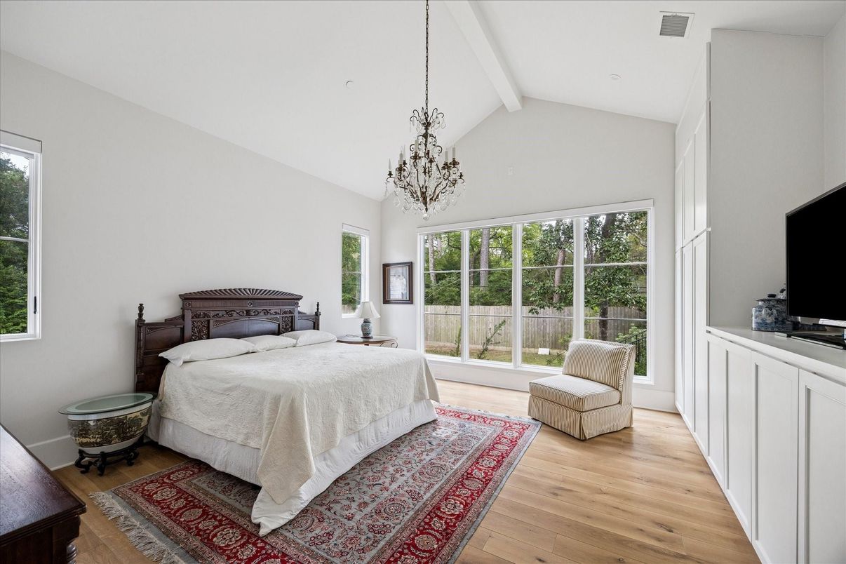 Bedroom, Chandelier, Interior, Wood Texture Flooring