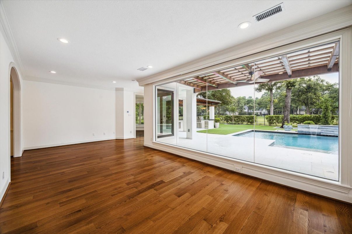 Empty room, Interior, Pool, Recessed Lighting, Wood Texture Flooring
