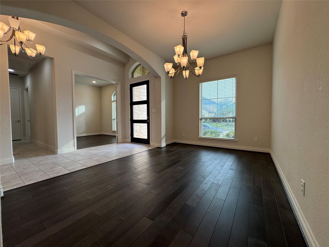 Chandelier, Empty room, Interior, Recessed Lighting, Wood Texture Flooring