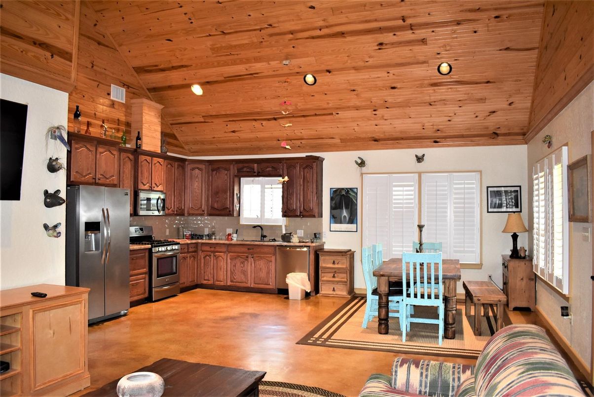 Dining room, Interior, Kitchen, Recessed Lighting, Stainless Steel Appliances, Wooden Ceilings, Wood Texture Flooring