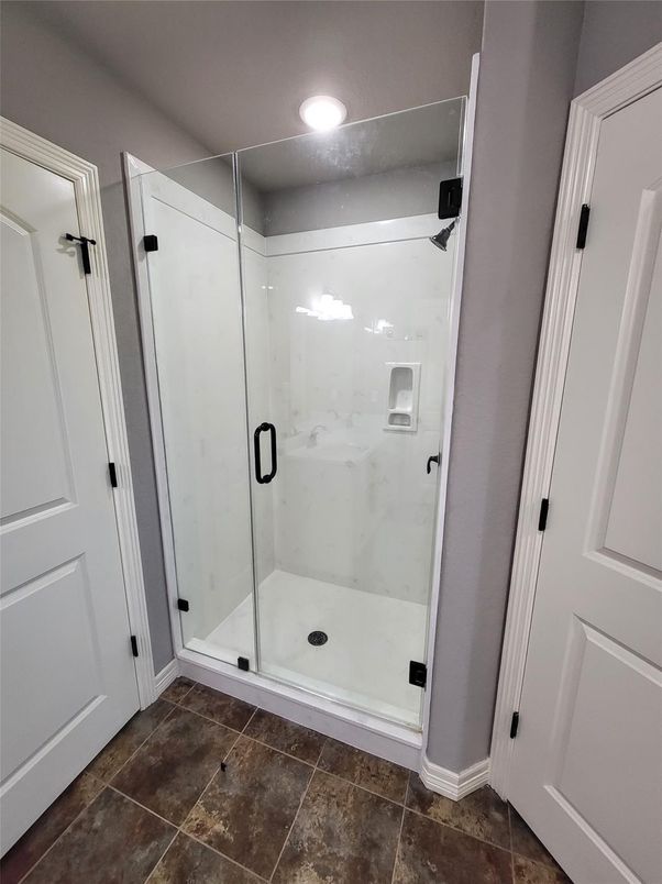 Bathroom, Glass Shower, Interior, Marble Walls, Recessed Lighting