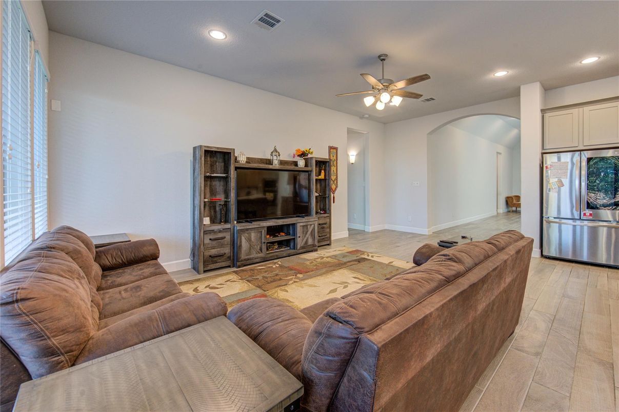 Interior, Kitchen, Living room, Recessed Lighting, Stainless Steel Appliances, Wood Texture Flooring