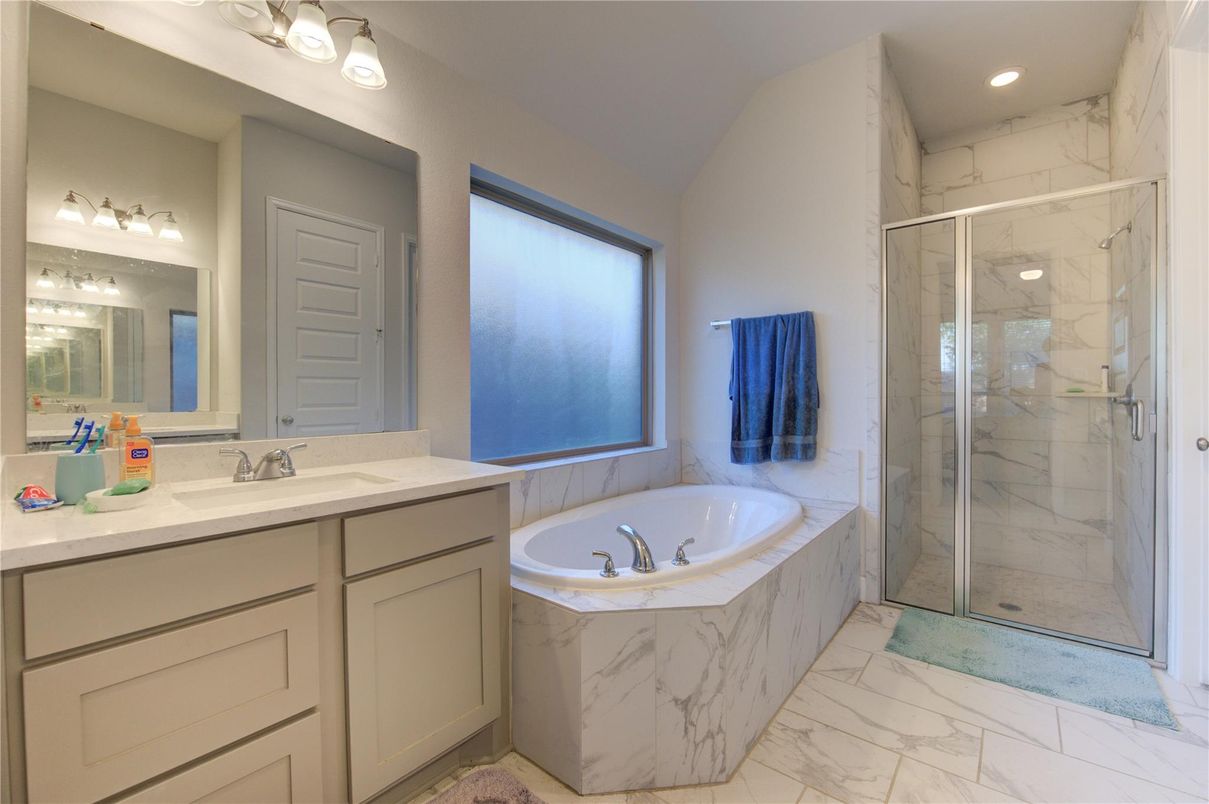 Bathroom, Glass Shower, Interior, Marble, Marble Walls, Recessed Lighting