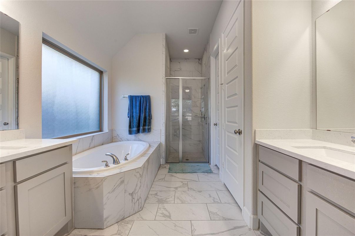 Bathroom, Glass Shower, Interior, Marble, Marble Walls, Recessed Lighting