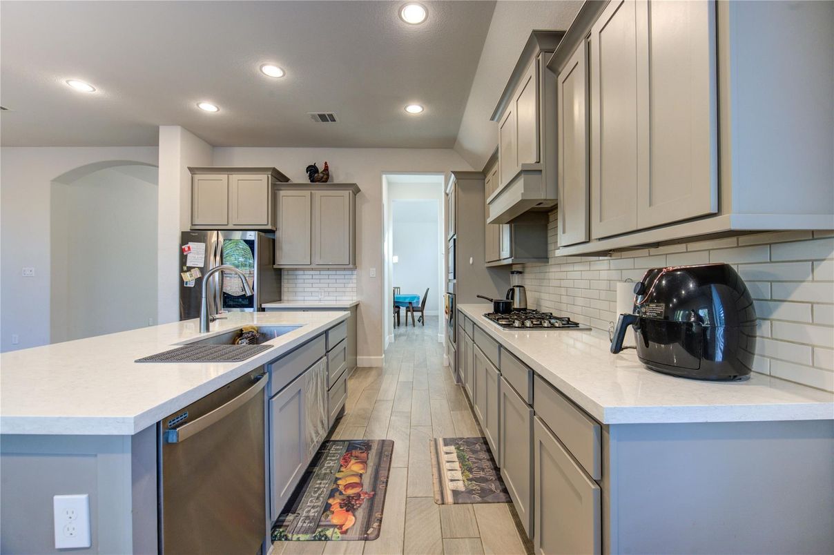 Interior, Kitchen, Recessed Lighting, Stainless Steel Appliances, Wood Texture Flooring