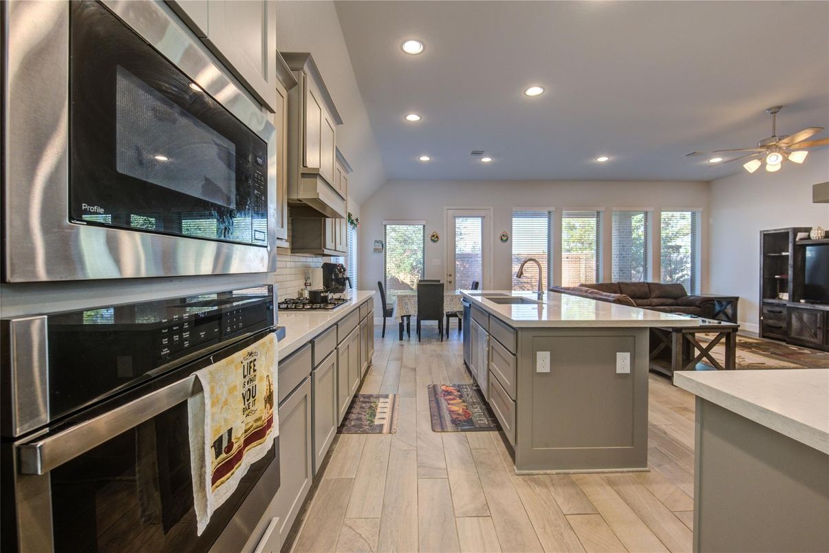 Interior, Kitchen, Living room, Recessed Lighting, Stainless Steel Appliances, Wood Texture Flooring