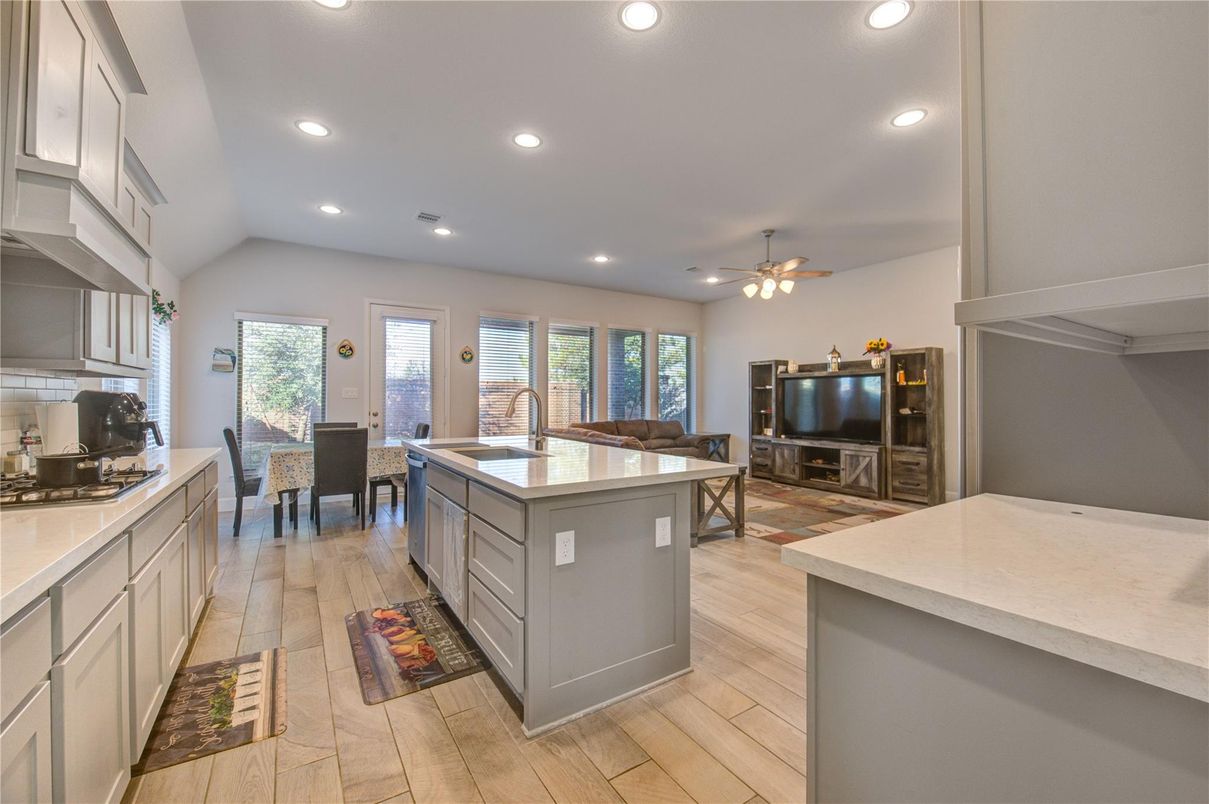 Dining room, Interior, Kitchen, Living room, Recessed Lighting, Wood Texture Flooring