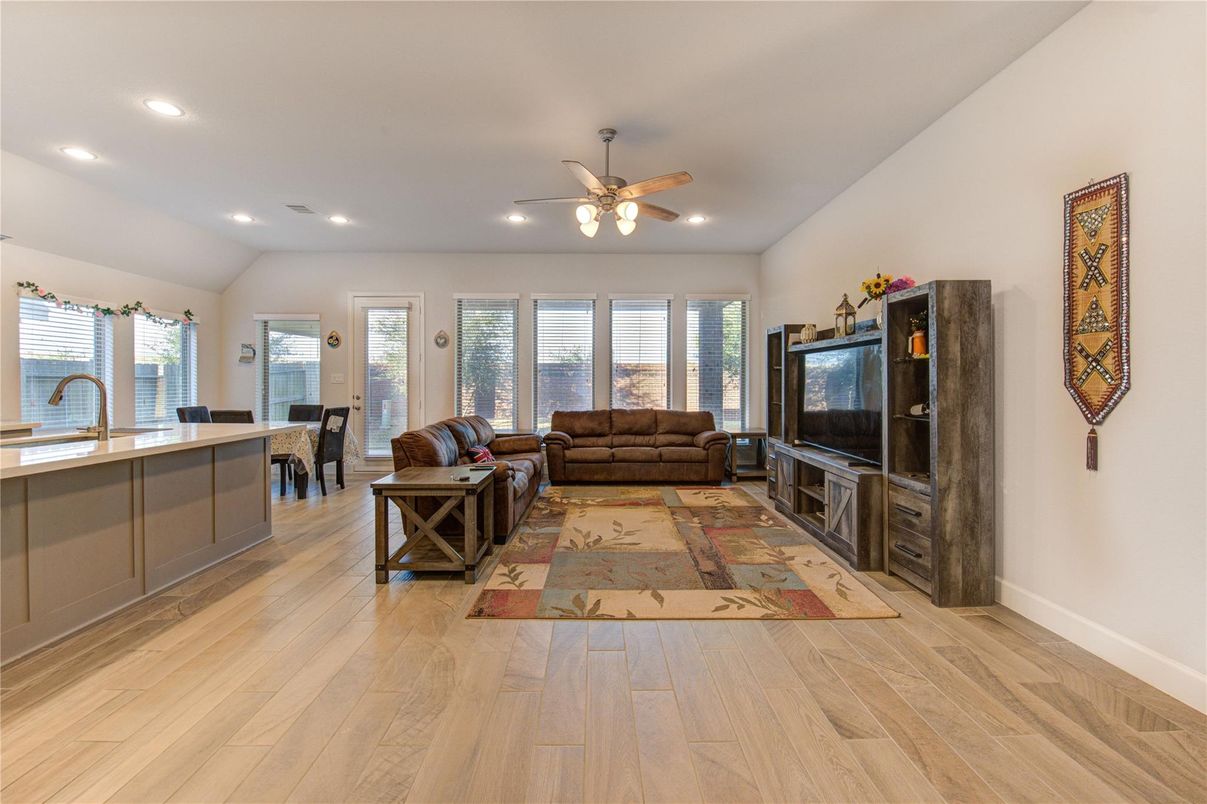 Dining room, Interior, Living room, Recessed Lighting, Wood Texture Flooring