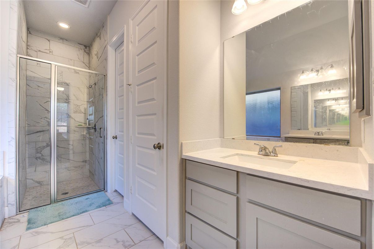 Bathroom, Glass Shower, Interior, Marble, Marble Walls, Recessed Lighting