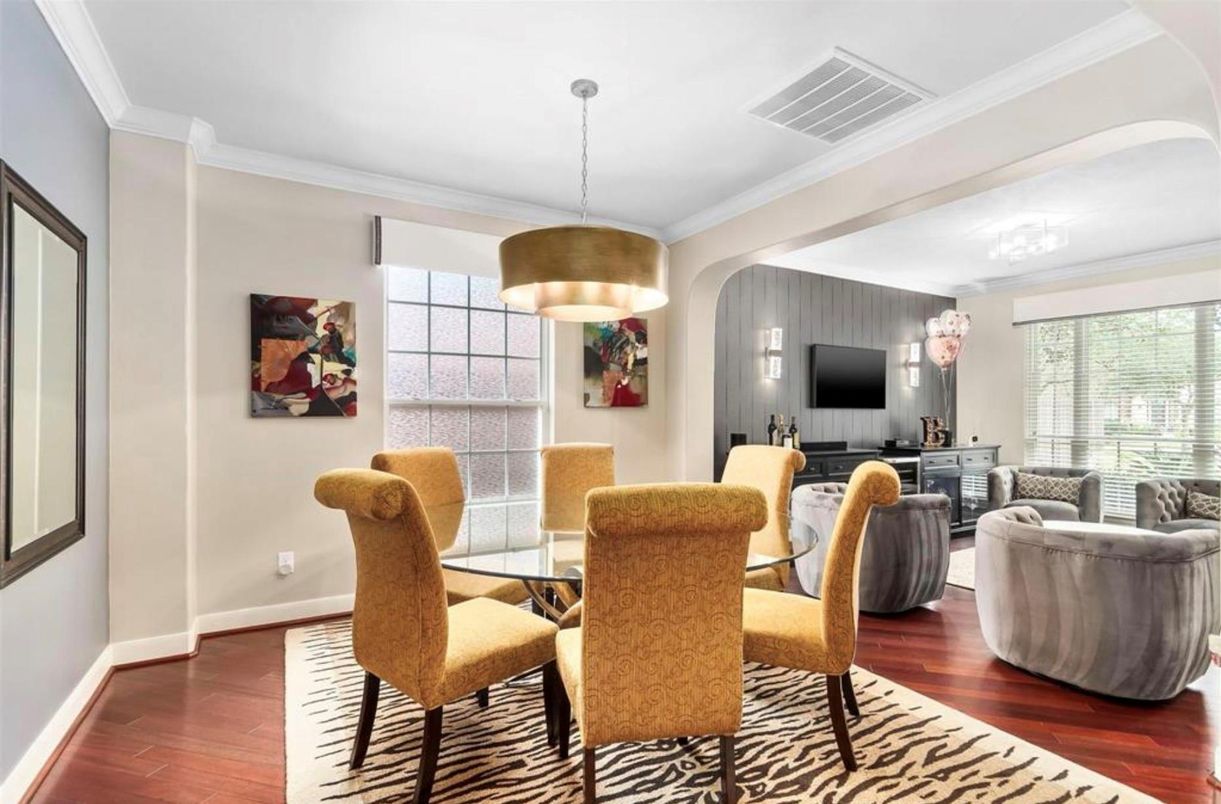 Dining room, Interior, Living room, Pendant Lights, Wood Texture Flooring