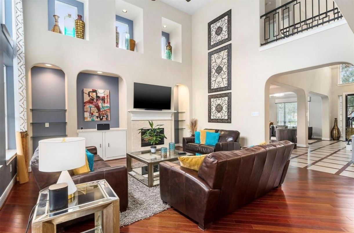 Fireplace, Interior, Living room, Recessed Lighting, Wood Texture Flooring