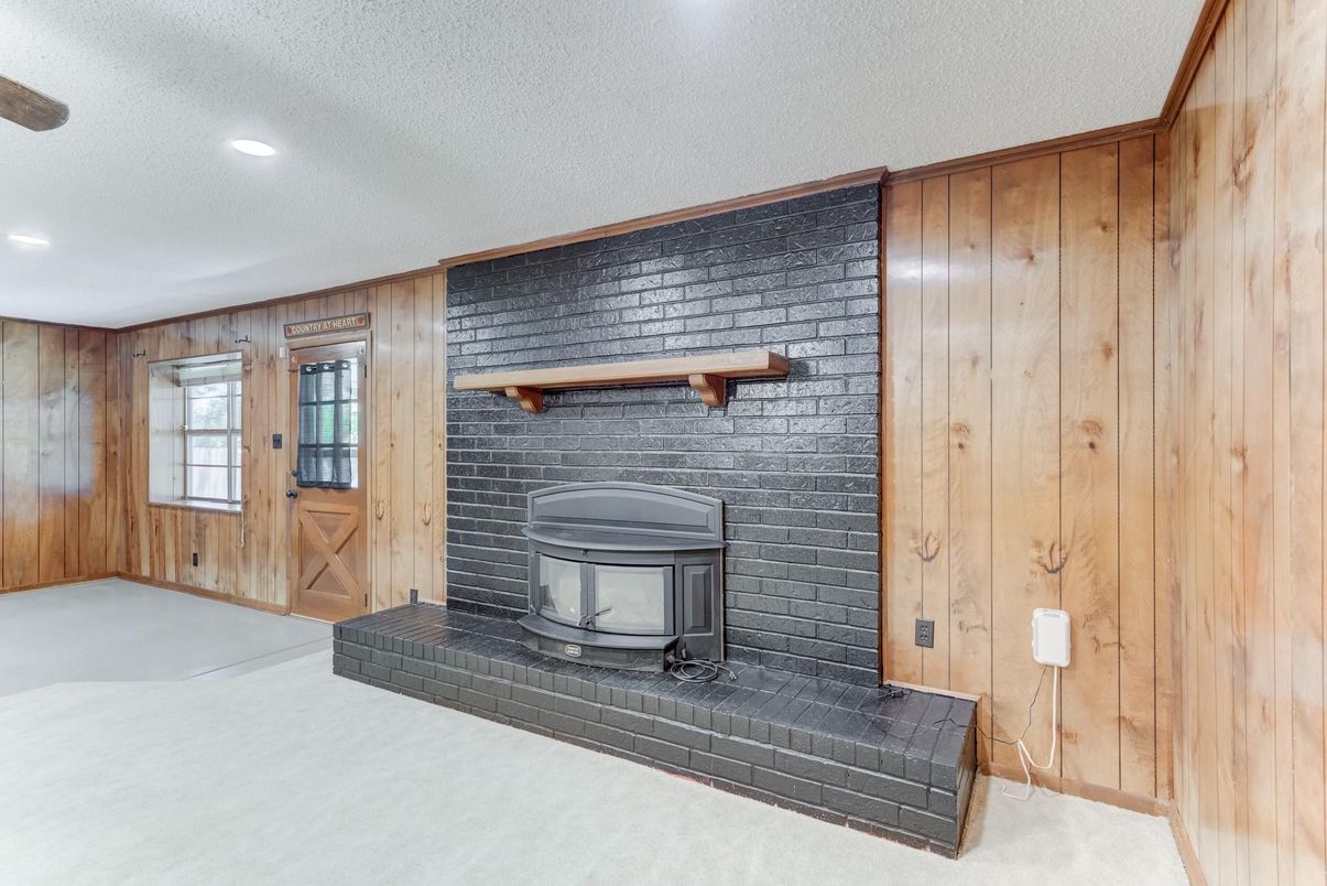 Fireplace, Interior, Recessed Lighting, Stone Walls, Wooden Walls