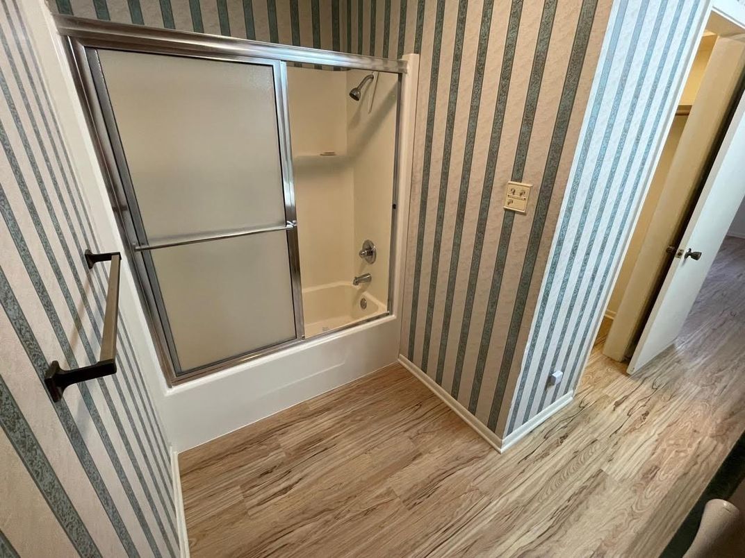 Bathroom, Glass Shower, Interior, Wood Texture Flooring