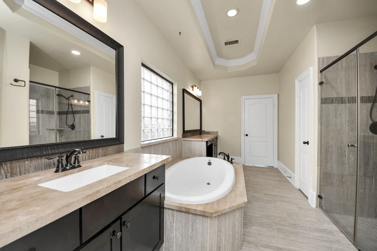 Bathroom, Dual Sink Vanities, Glass Shower, Interior, Recessed Lighting