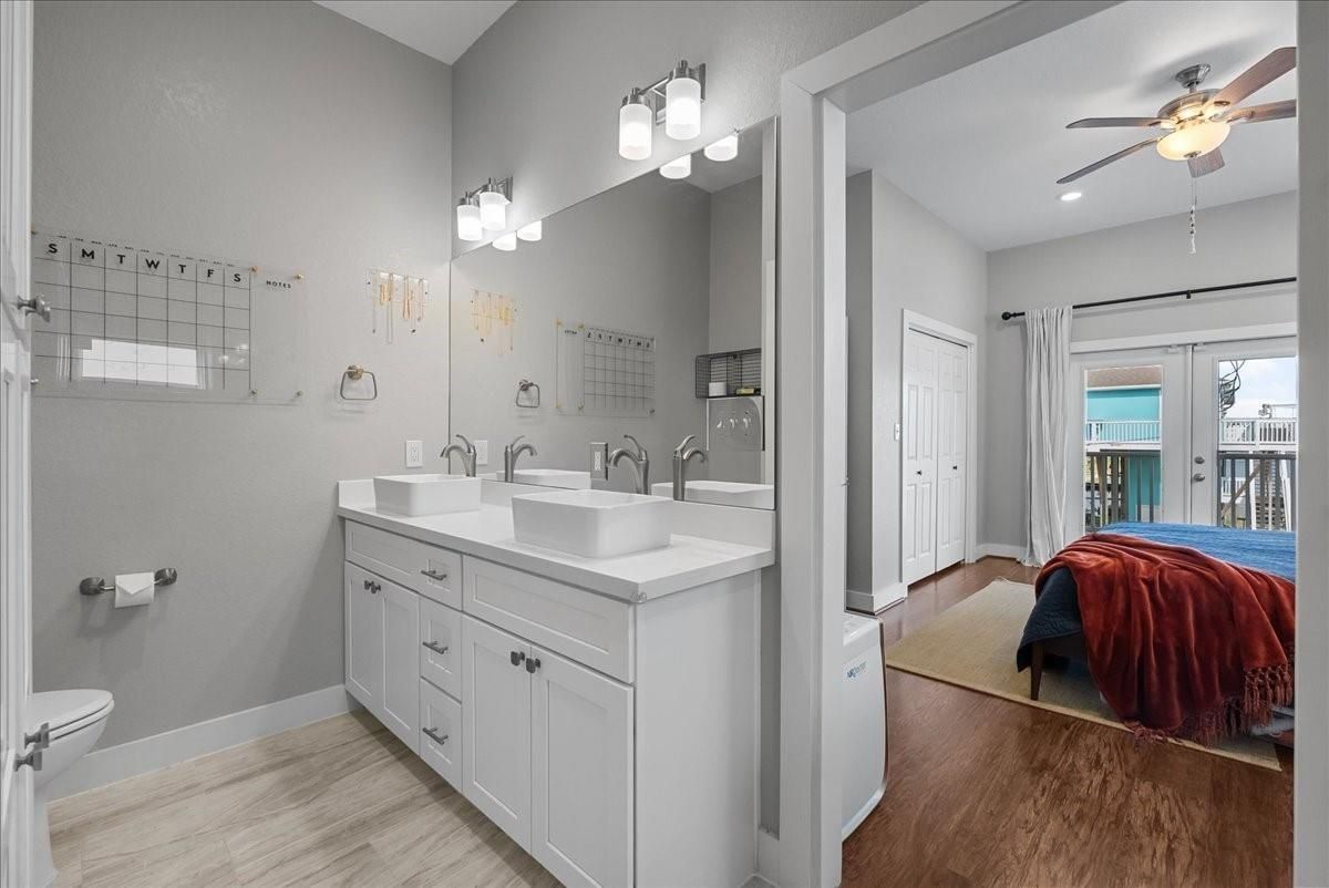 Bathroom, Bedroom, Dual Sink Vanities, Interior, Recessed Lighting, Wood Texture Flooring