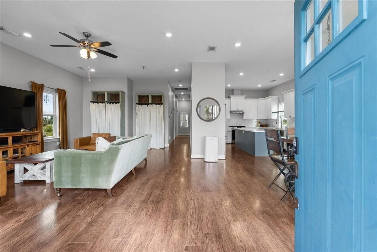 Interior, Kitchen, Living room, Recessed Lighting, Stainless Steel Appliances, Wood Texture Flooring