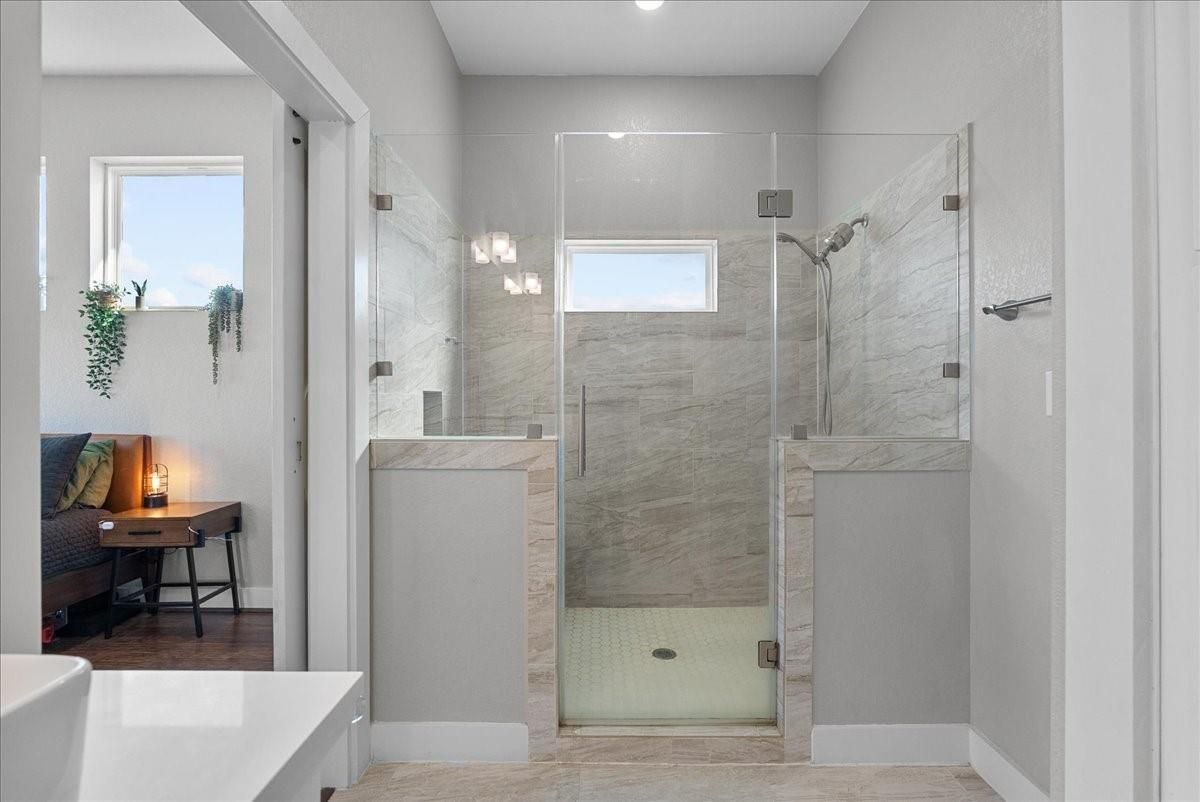 Bathroom, Glass Shower, Interior, Marble Walls, Recessed Lighting