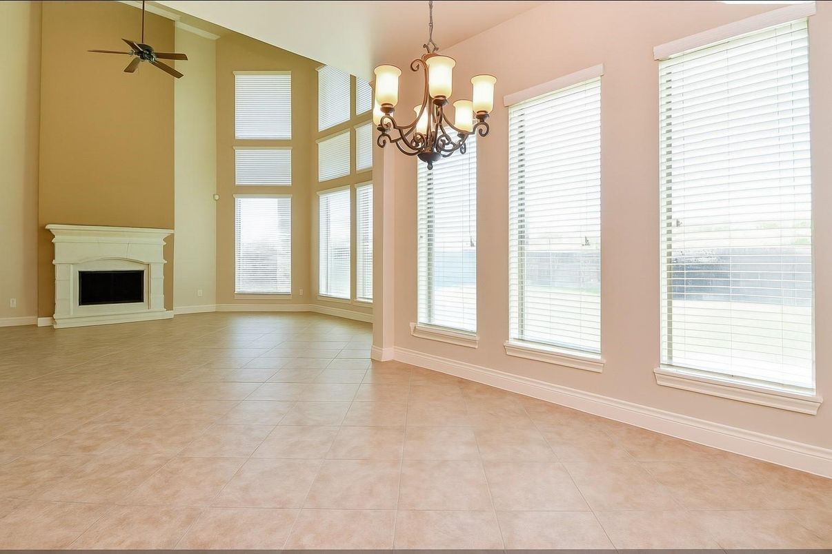 Chandelier, Empty room, Fireplace, Interior