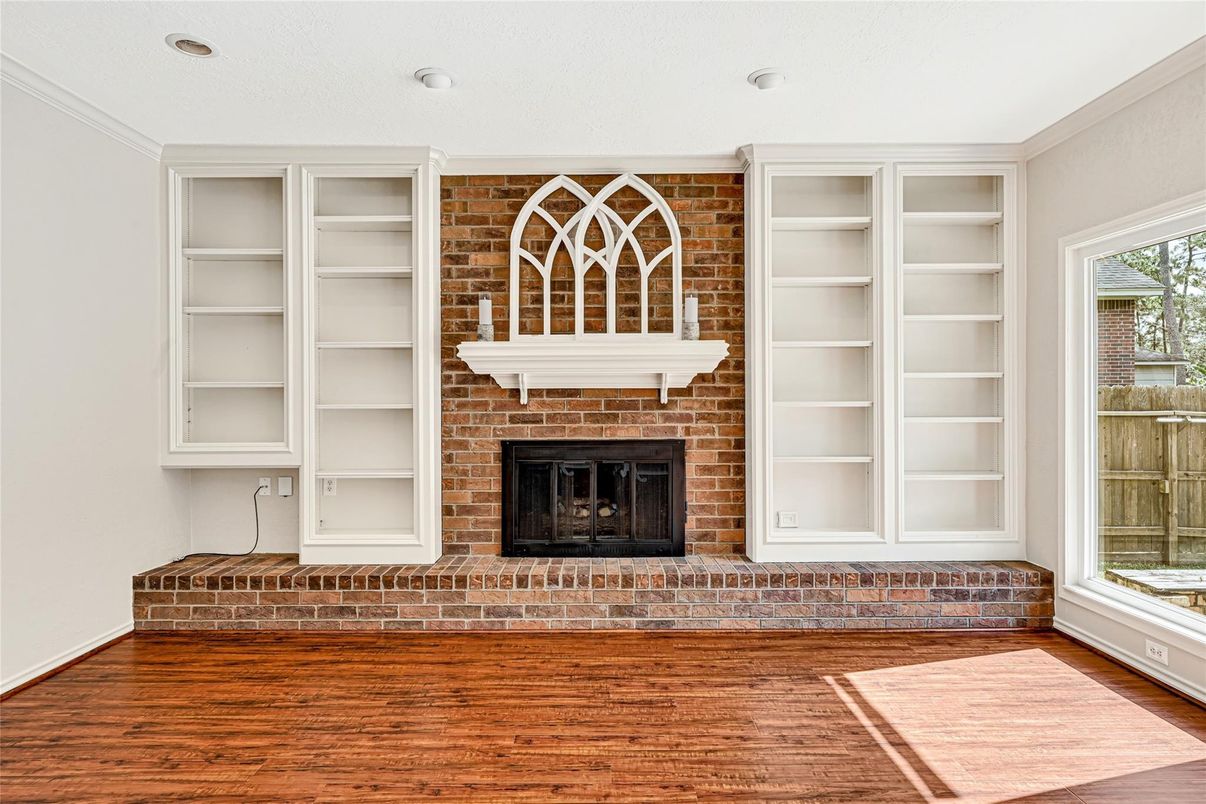 Fireplace, Interior, Recessed Lighting, Stone Walls, Wood Texture Flooring