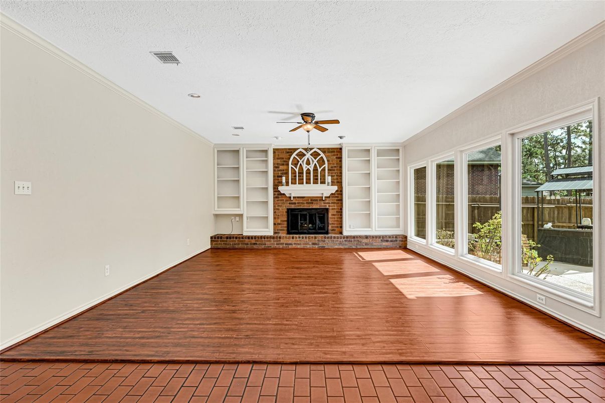 Empty room, Fireplace, Interior, Recessed Lighting, Wood Texture Flooring