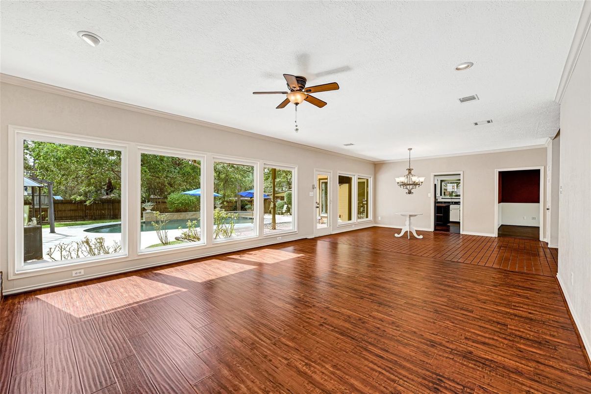 Chandelier, Empty room, Interior, Recessed Lighting, Wood Texture Flooring
