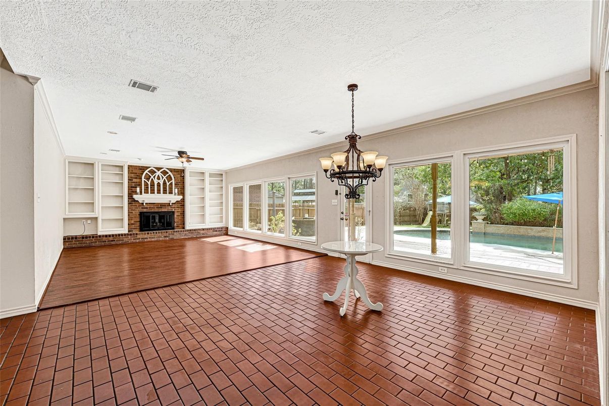 Chandelier, Empty room, Fireplace, Interior, Wood Texture Flooring