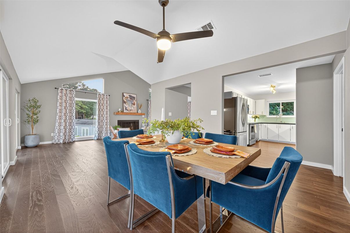 Dining room, Fireplace, Interior, Kitchen, Wood Texture Flooring