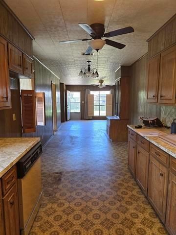 Interior, Kitchen, Tile Countertops, Wooden Walls