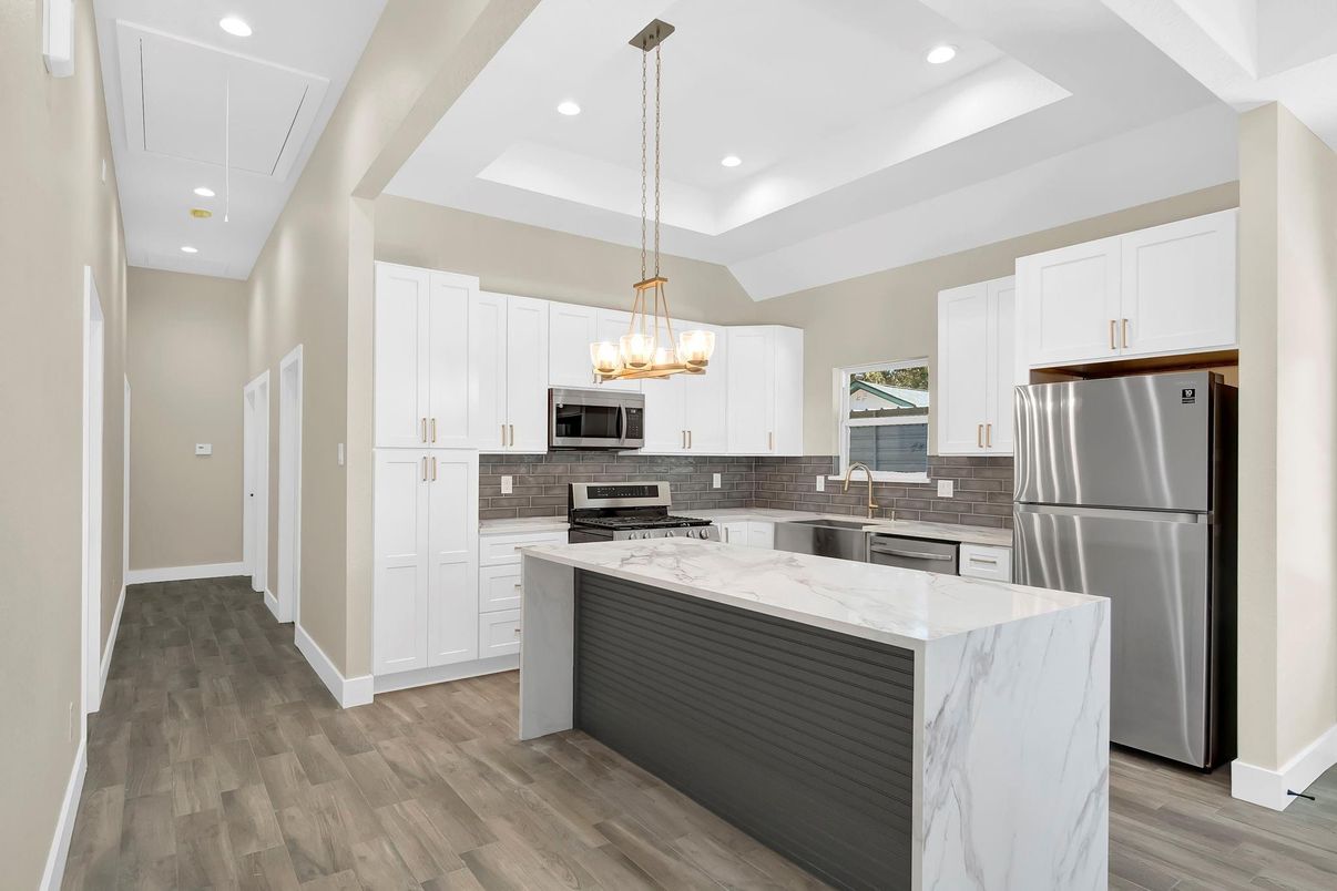 Interior, Kitchen, Pendant Lights, Recessed Lighting, Stainless Steel Appliances, Wood Texture Flooring