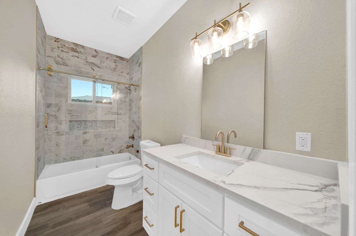 Bathroom, Glass Shower, Interior, Marble Walls, Wood Texture Flooring