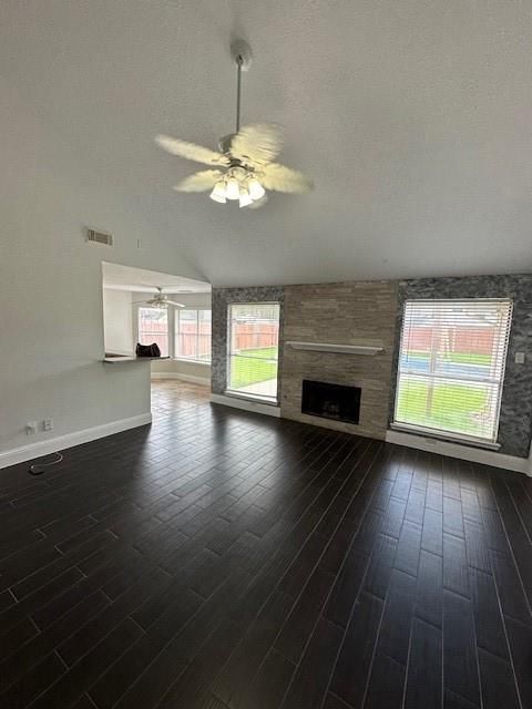 Empty room, Fireplace, Interior, Stone Walls, Wood Texture Flooring