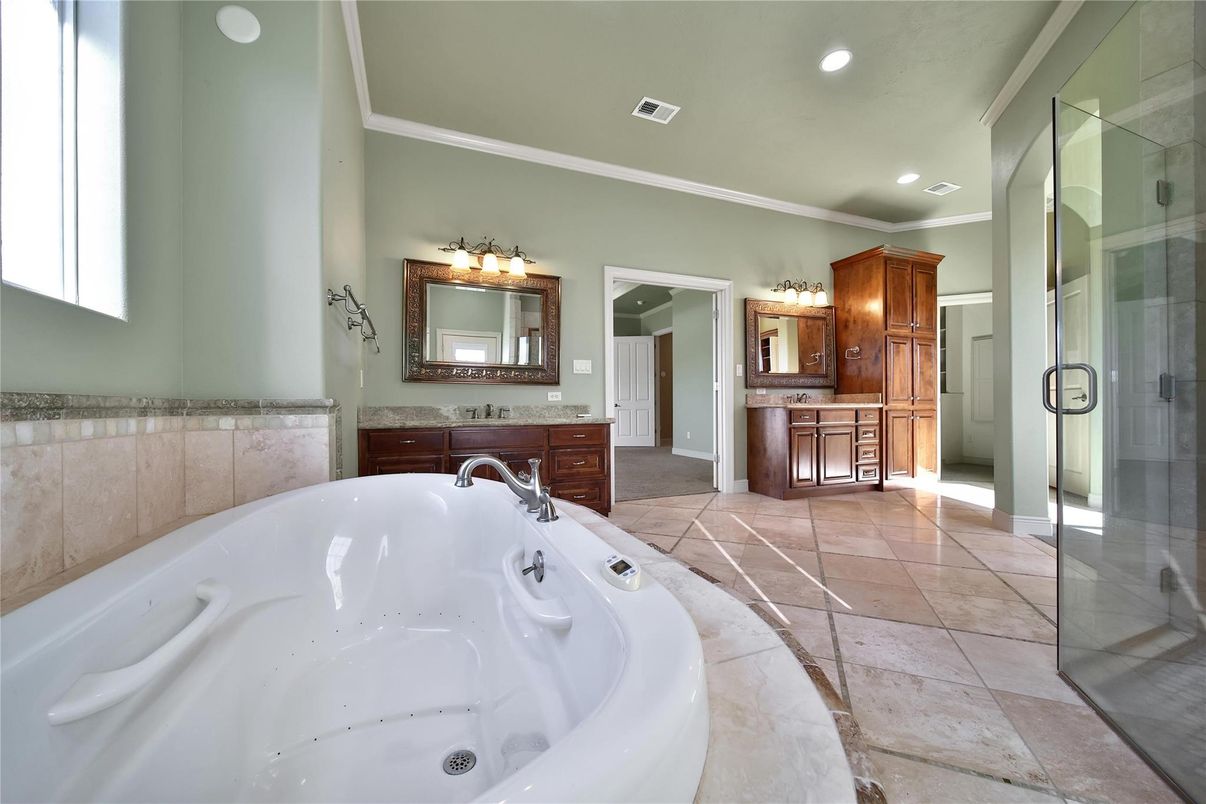 Bathroom, Dual Sink Vanities, Glass Shower, Interior, Recessed Lighting