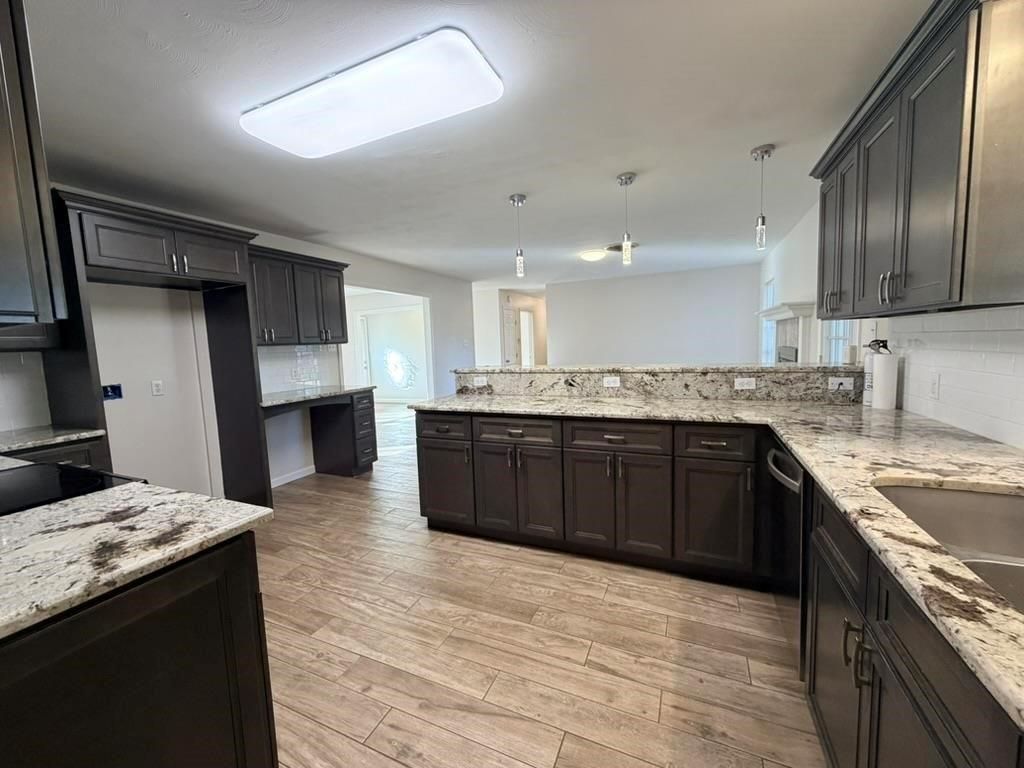 Interior, Kitchen, Pendant Lights, Wood Texture Flooring