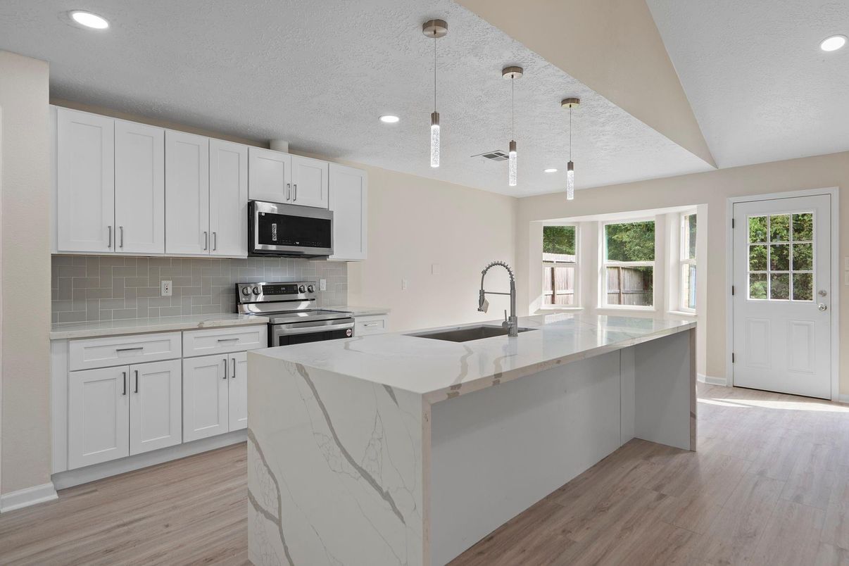 Interior, Kitchen, Pendant Lights, Recessed Lighting, Stainless Steel Appliances, Wood Texture Flooring