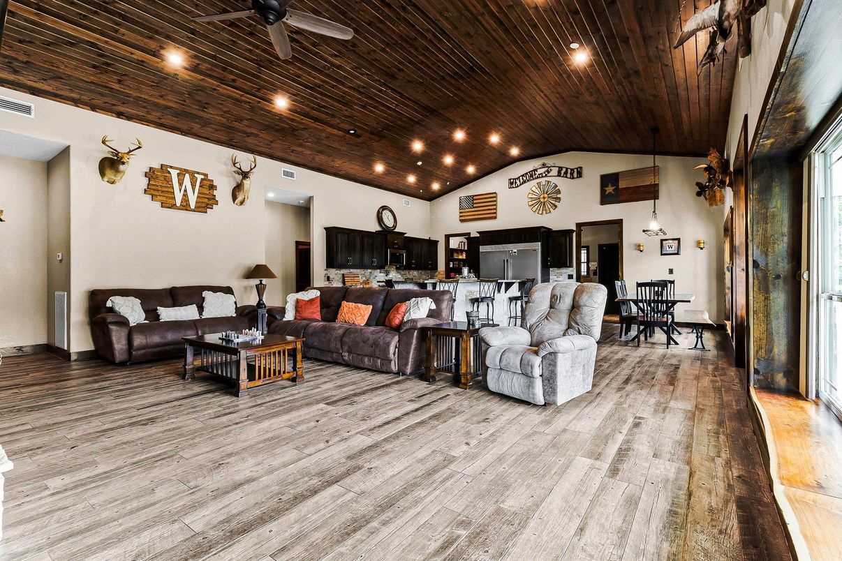 Dining room, Interior, Kitchen, Living room, Pendant Lights, Recessed Lighting, Wooden Ceilings, Wood Texture Flooring