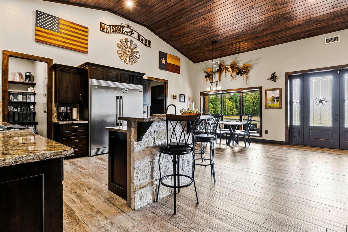 Chandelier, Dining room, Interior, Kitchen, Pendant Lights, Wooden Ceilings, Wood Texture Flooring