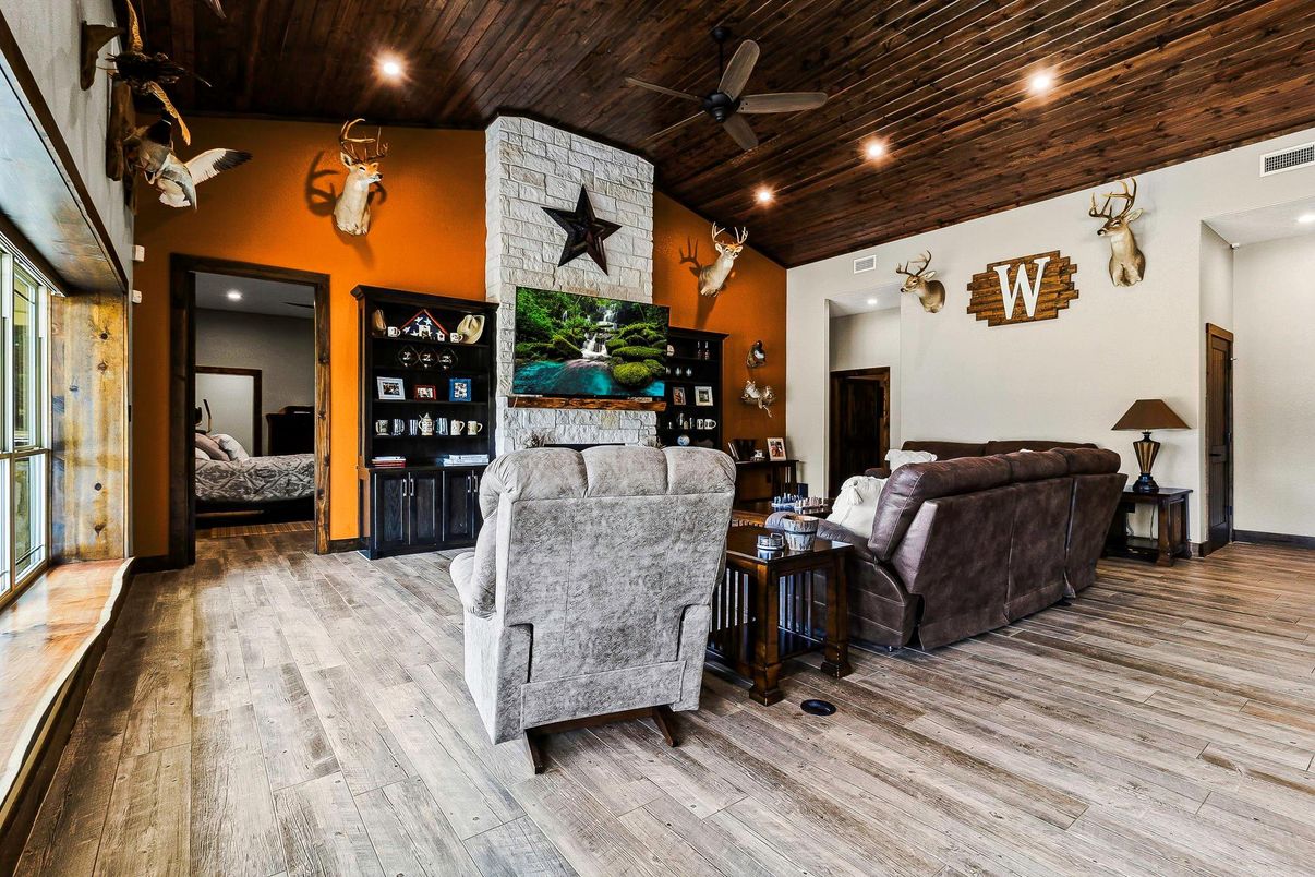 Interior, Living room, Recessed Lighting, Stone Walls, Wooden Ceilings, Wood Texture Flooring