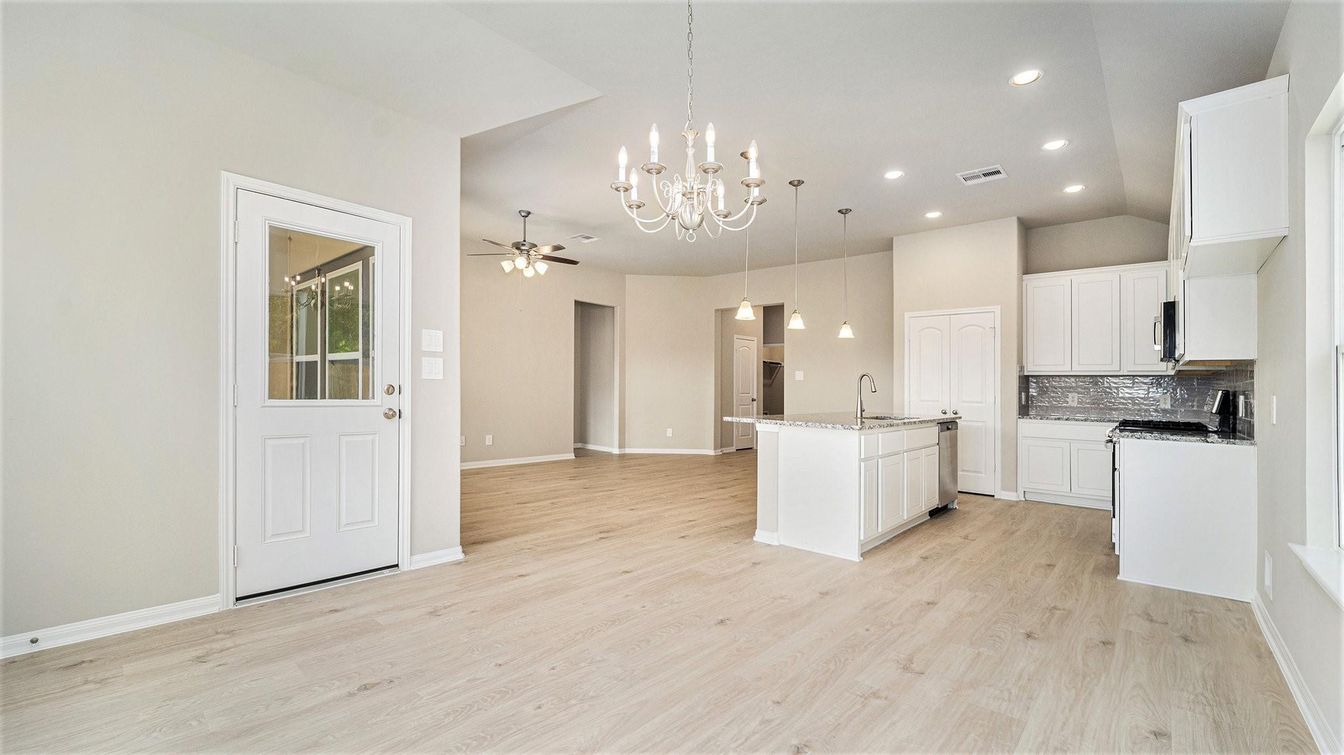 Chandelier, Interior, Kitchen, Pendant Lights, Recessed Lighting, Wood Texture Flooring