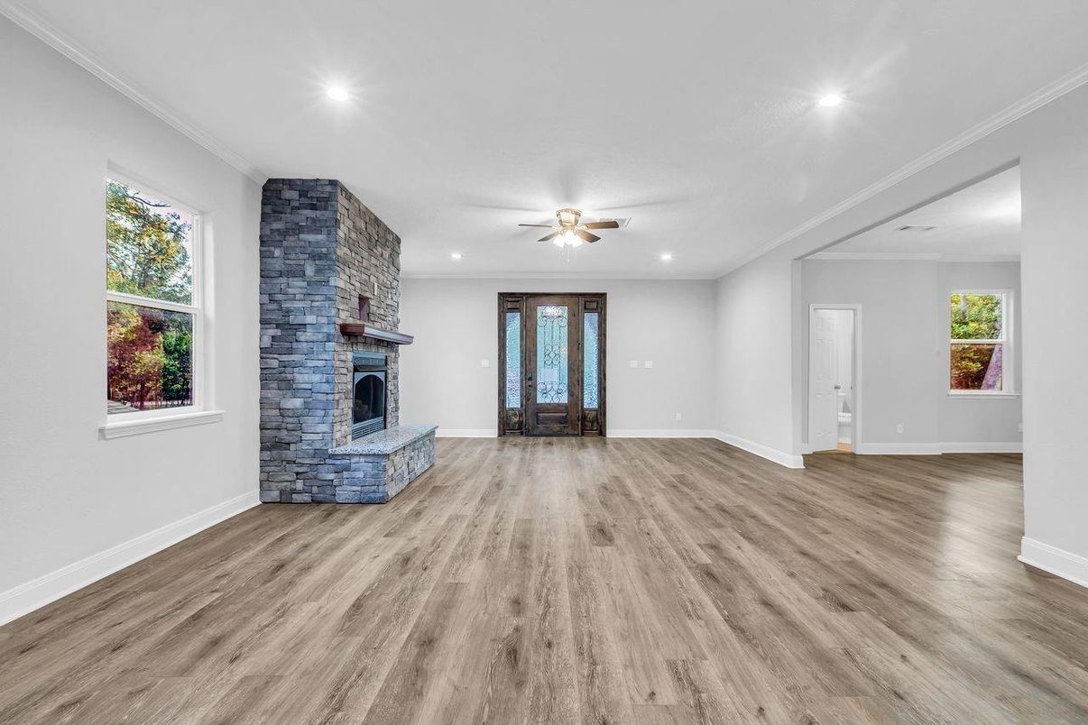 Empty room, Fireplace, Interior, Recessed Lighting, Wood Texture Flooring