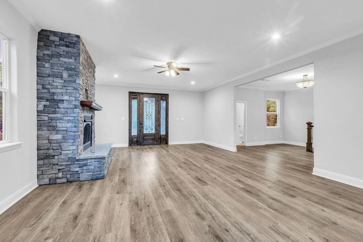 Empty room, Fireplace, Interior, Recessed Lighting, Wood Texture Flooring