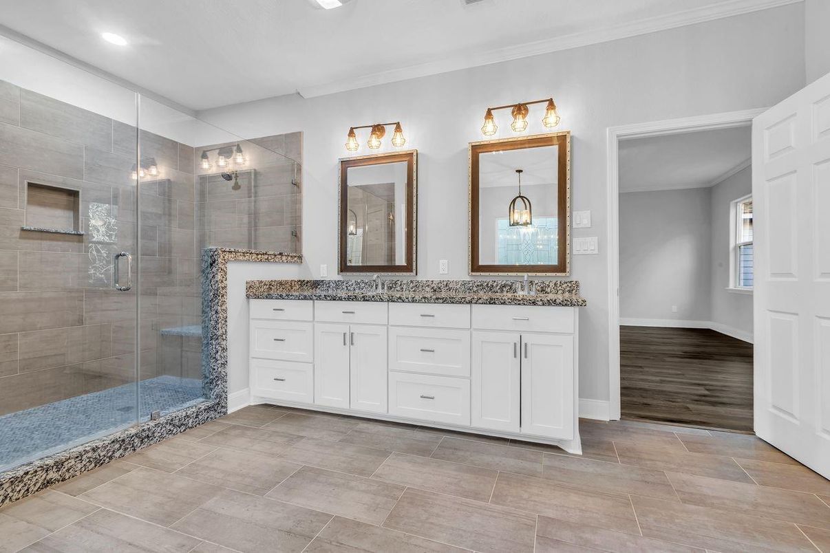 Bathroom, Dual Sink Vanities, Glass Shower, Interior, Recessed Lighting, Wood Texture Flooring