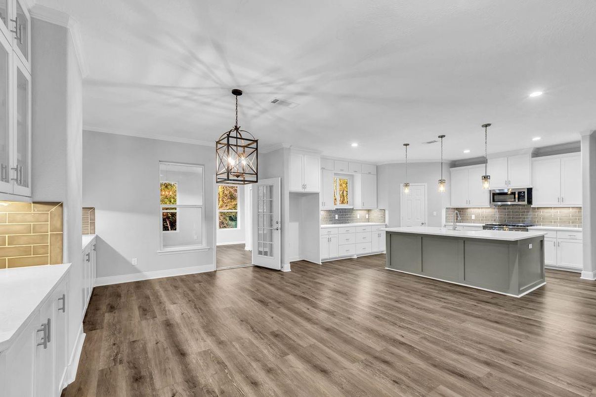 Interior, Kitchen, Pendant Lights, Recessed Lighting, Wood Texture Flooring