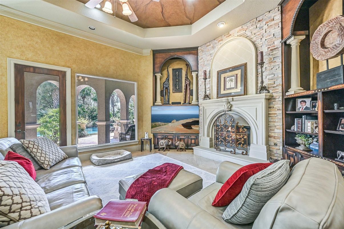 Fireplace, Interior, Living room, Recessed Lighting, Stone Walls