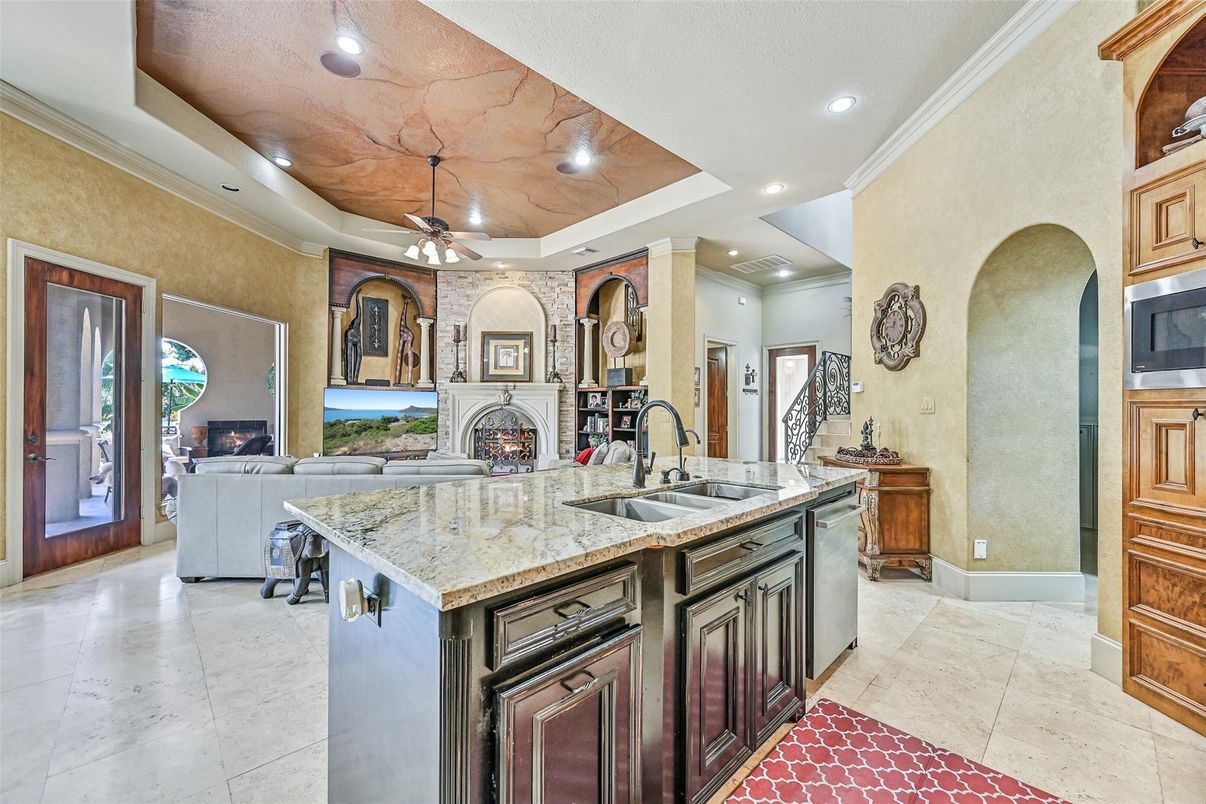 Fireplace, Interior, Kitchen, Living room, Recessed Lighting