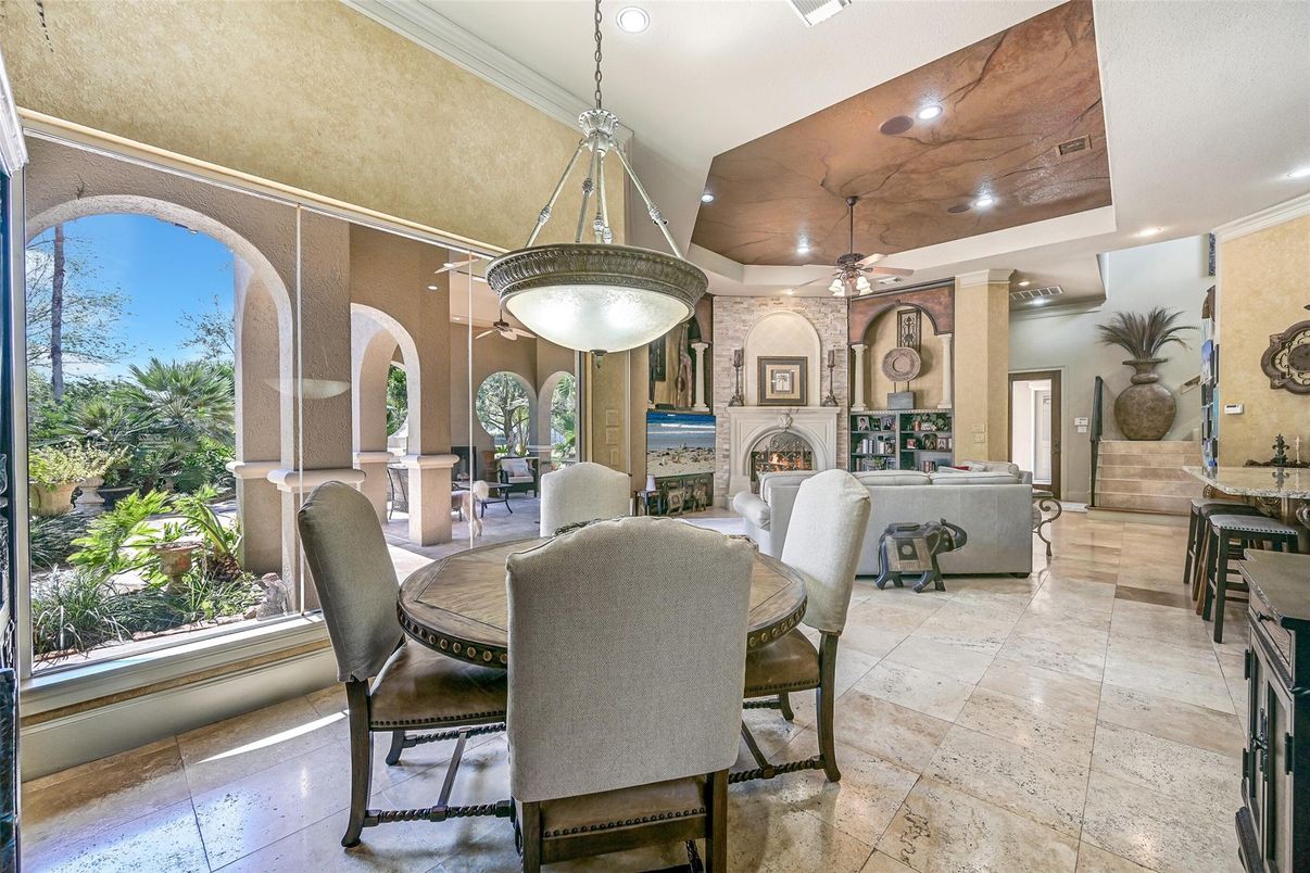 Dining room, Fireplace, Interior, Living room, Pendant Lights, Recessed Lighting