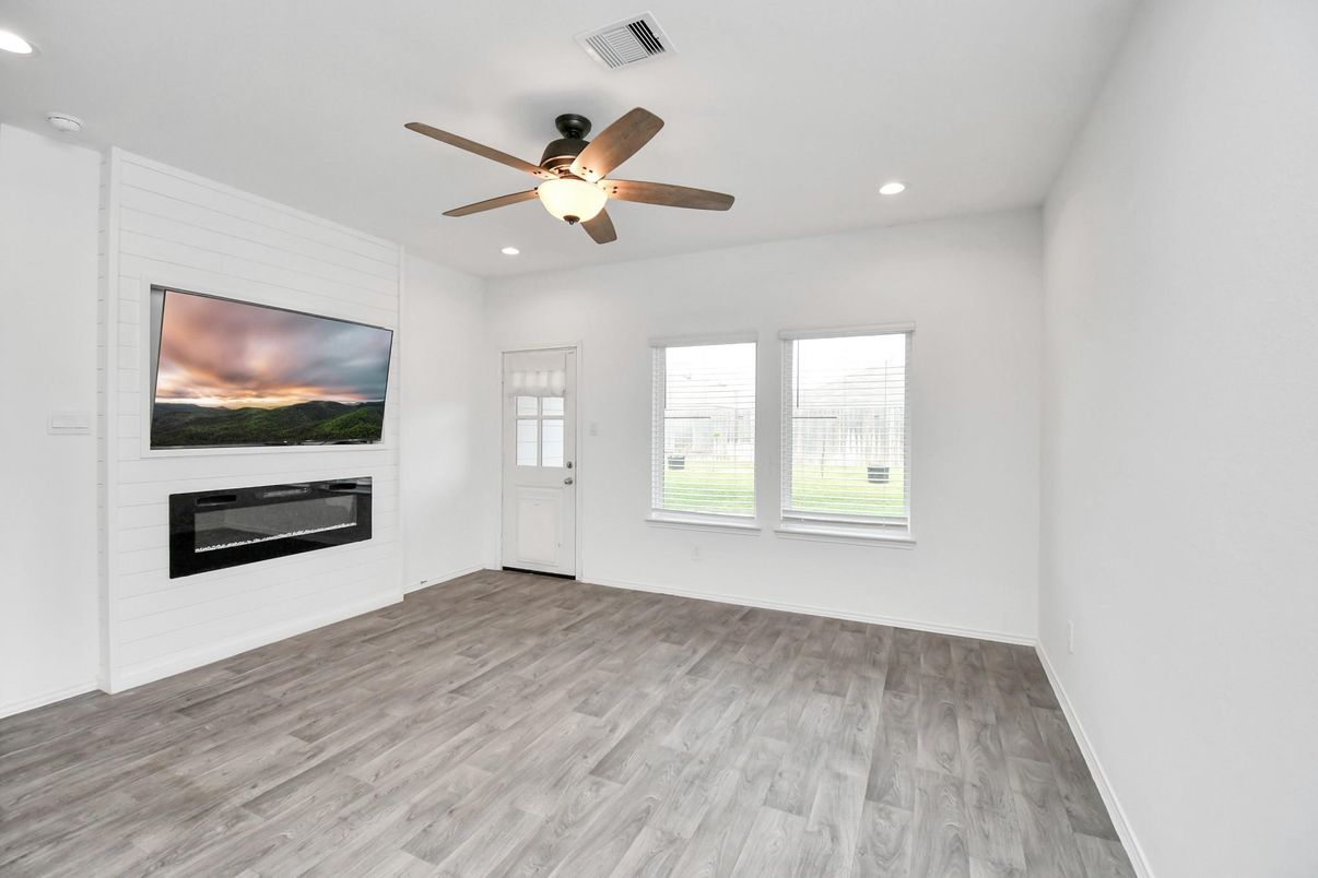Empty room, Fireplace, Interior, Recessed Lighting, Wood Texture Flooring