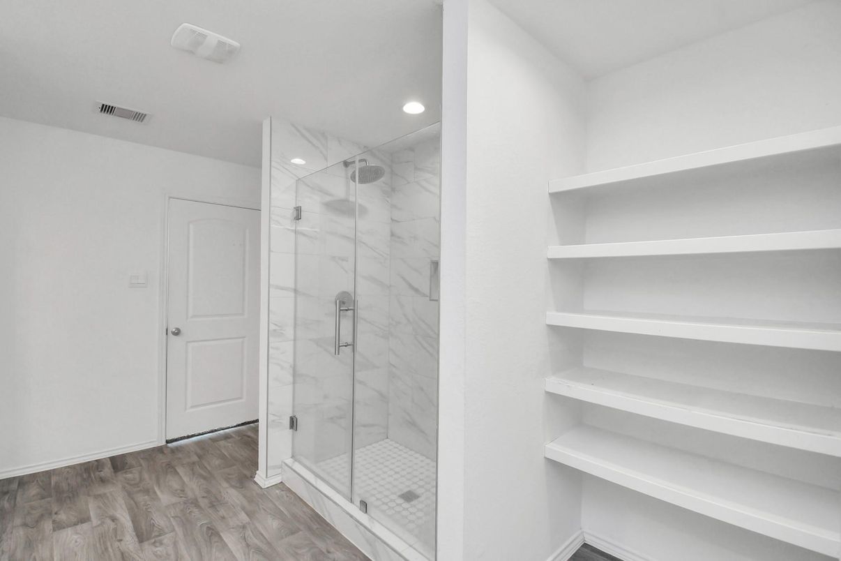 Bathroom, Glass Shower, Interior, Marble Walls, Recessed Lighting, Wood Texture Flooring