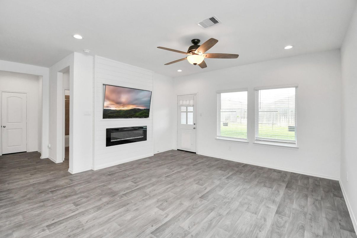 Empty room, Fireplace, Interior, Recessed Lighting, Wood Texture Flooring