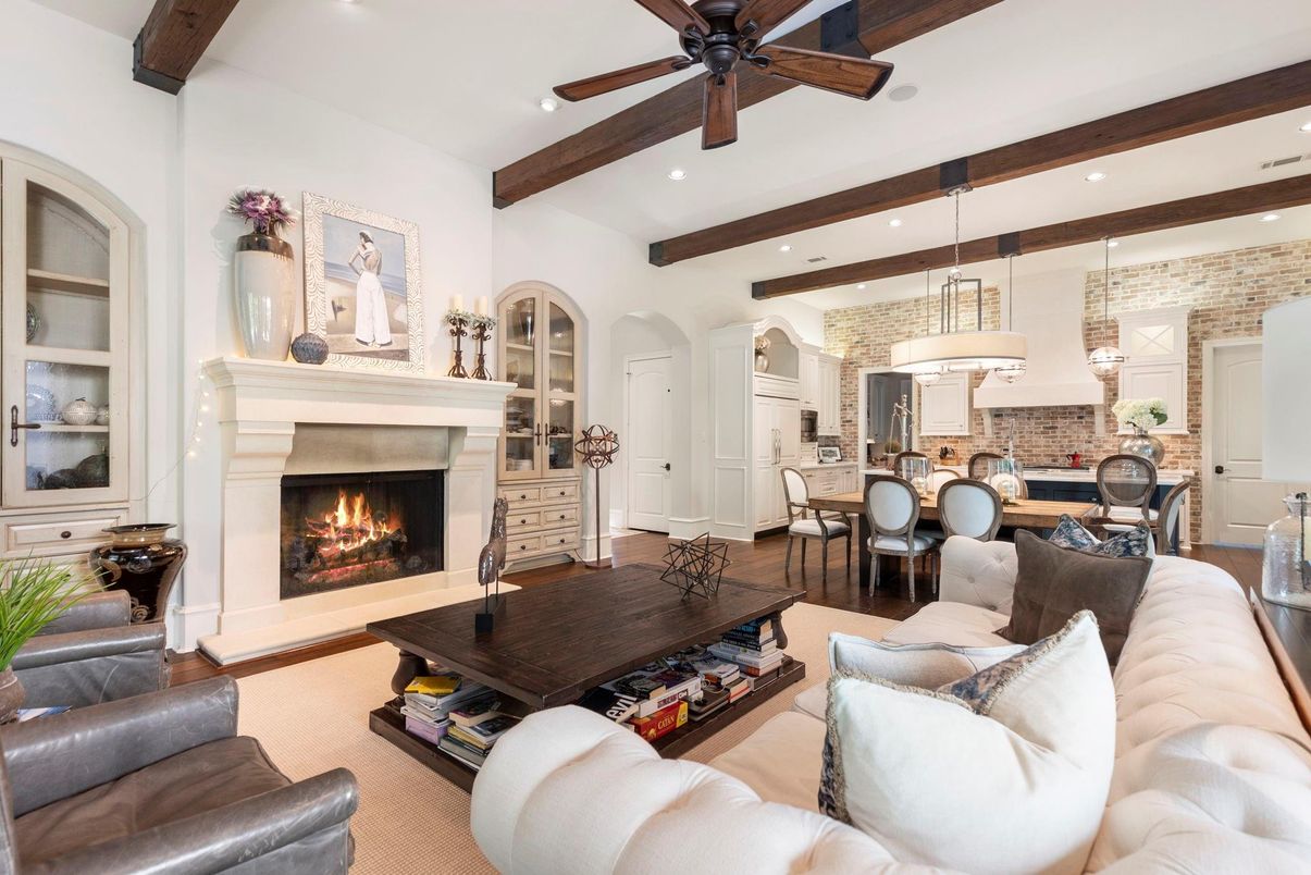 Dining room, Fireplace, Interior, Kitchen, Living room, Pendant Lights, Recessed Lighting, Stone Walls, Wooden Beams