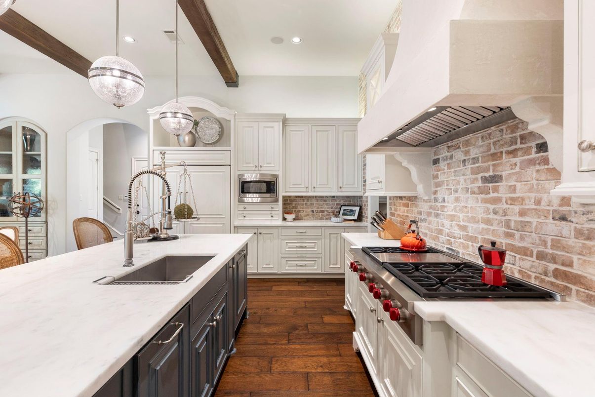 Interior, Kitchen, Pendant Lights, Recessed Lighting, Stainless Steel Appliances, Stone Walls, Wooden Beams, Wood Texture Flooring